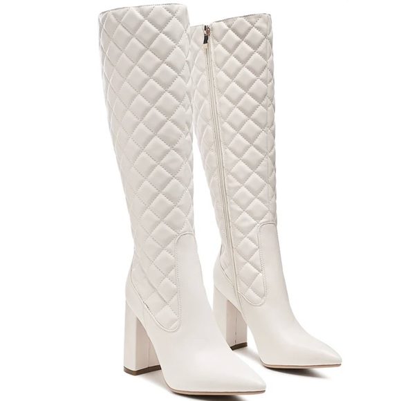 London Rag Quilted Knee-High Block Heeled Boots - Size 8 - White - Picture 1 of 11